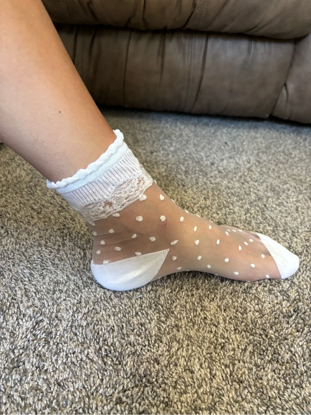 Sheer Polka Dot Lace Crew Socks - White and Beige